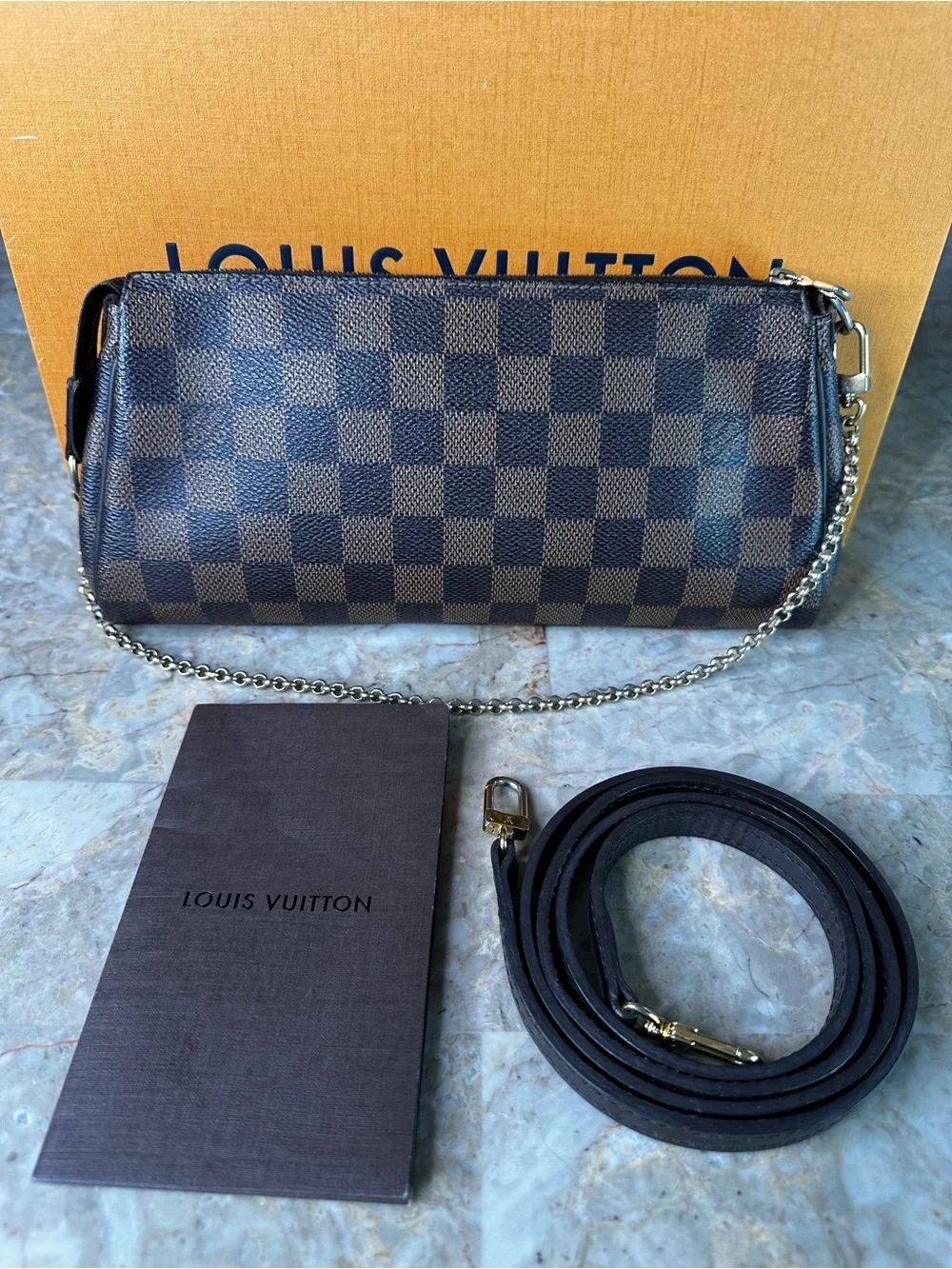 Louis Vuitton Damier Ebene Pochette with Gold Plate and Chain